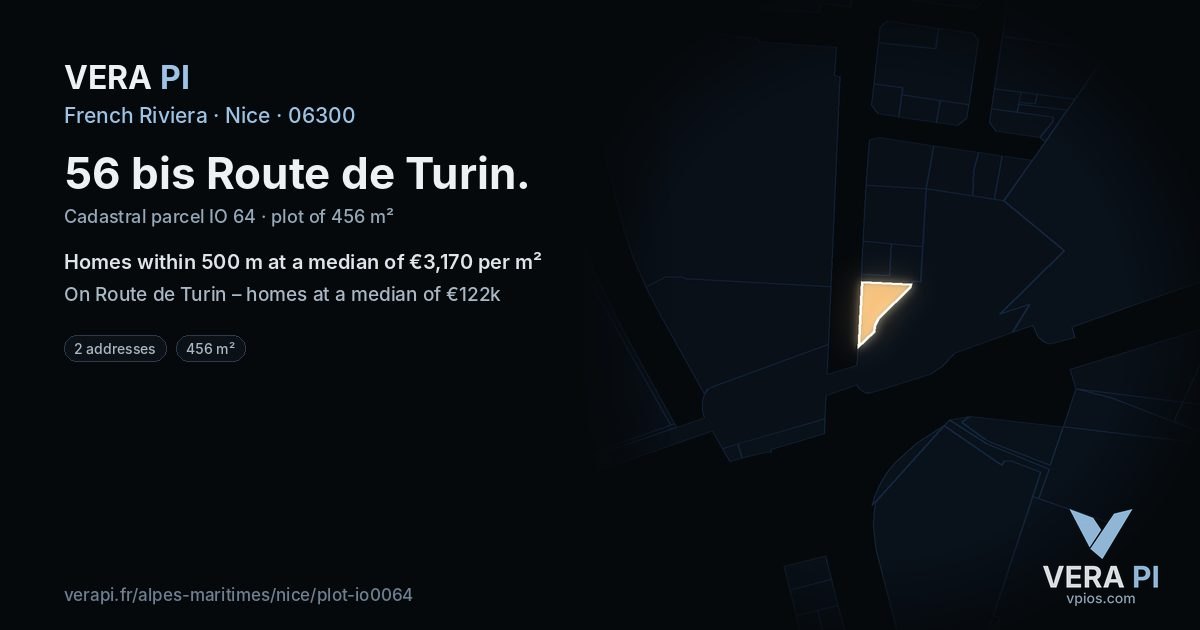 56 bis Route de Turin, Nice at night – the plot lit, the parcels around coloured by the prices near them