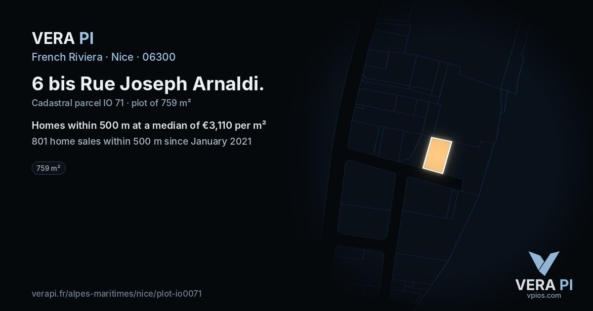 6 bis Rue Joseph Arnaldi, Nice at night – the plot lit, the parcels around coloured by the prices near them