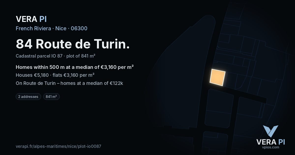 84 Route de Turin, Nice at night – the plot lit, the parcels around coloured by the prices near them