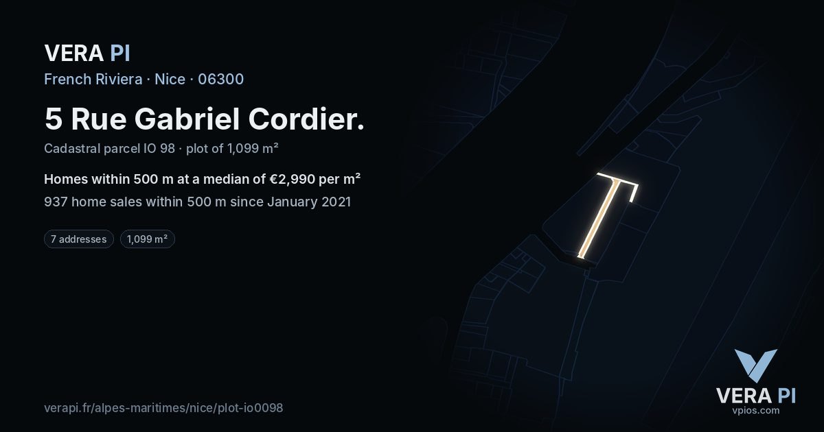 5 Rue Gabriel Cordier, Nice at night – the plot lit, the parcels around coloured by the prices near them