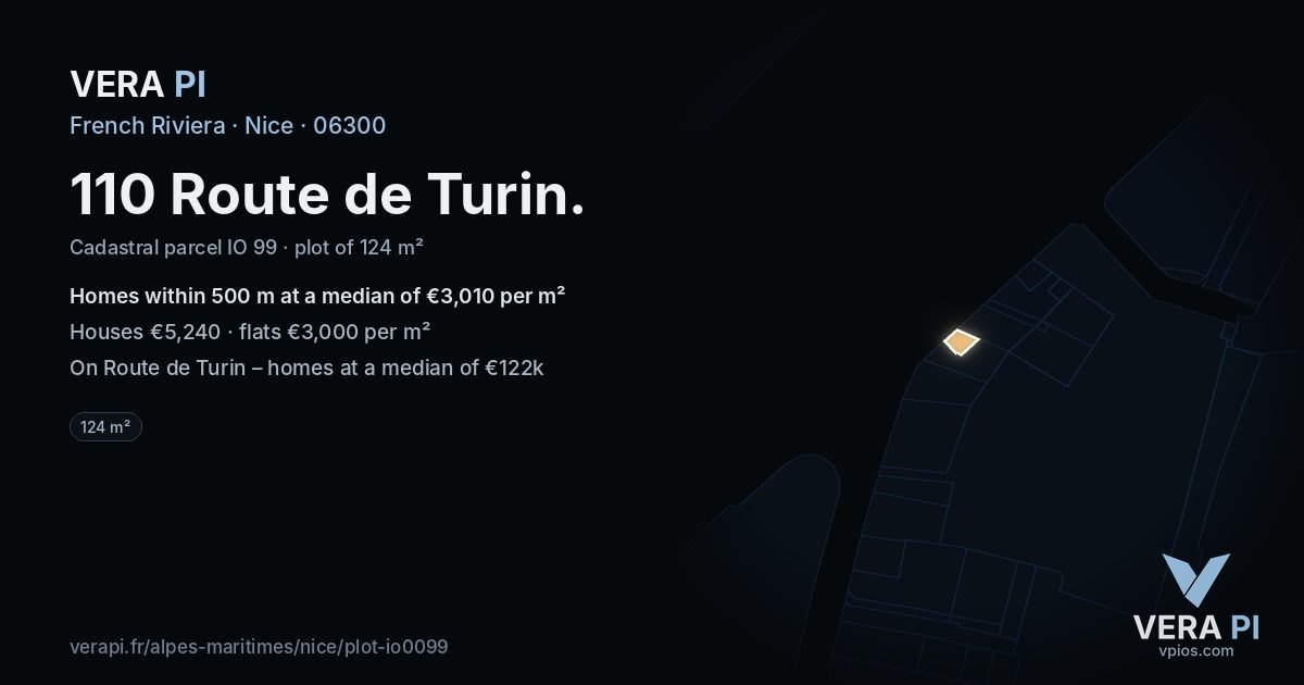 110 Route de Turin, Nice at night – the plot lit, the parcels around coloured by the prices near them