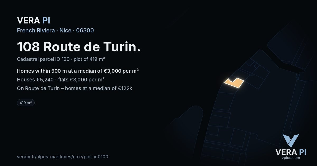 108 Route de Turin, Nice at night – the plot lit, the parcels around coloured by the prices near them