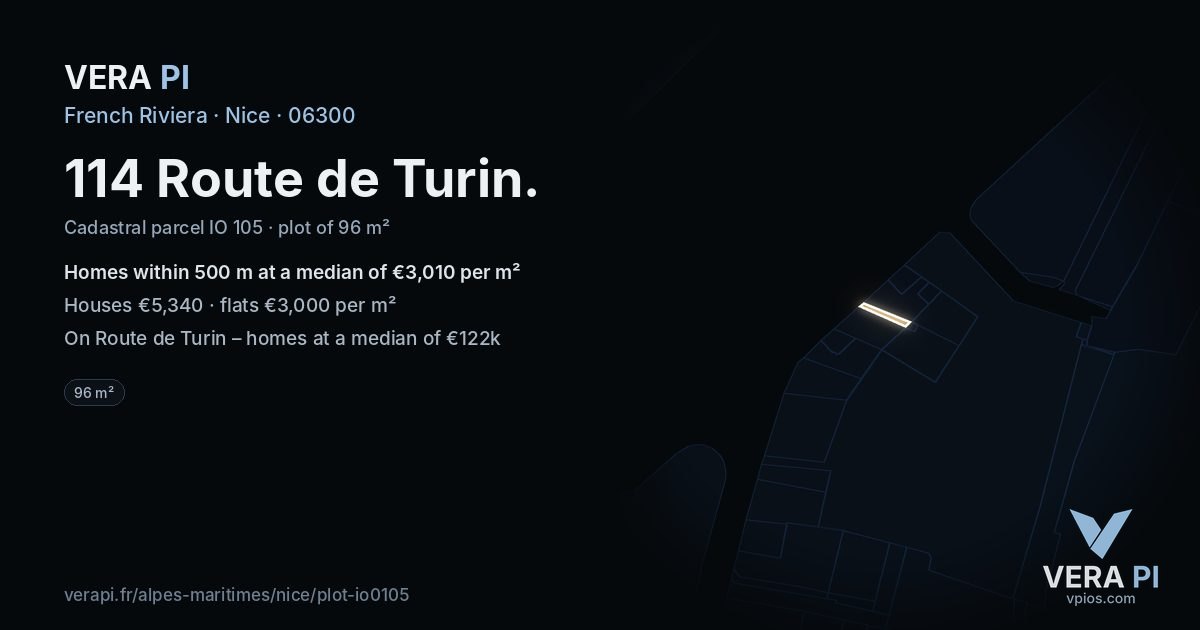 114 Route de Turin, Nice at night – the plot lit, the parcels around coloured by the prices near them