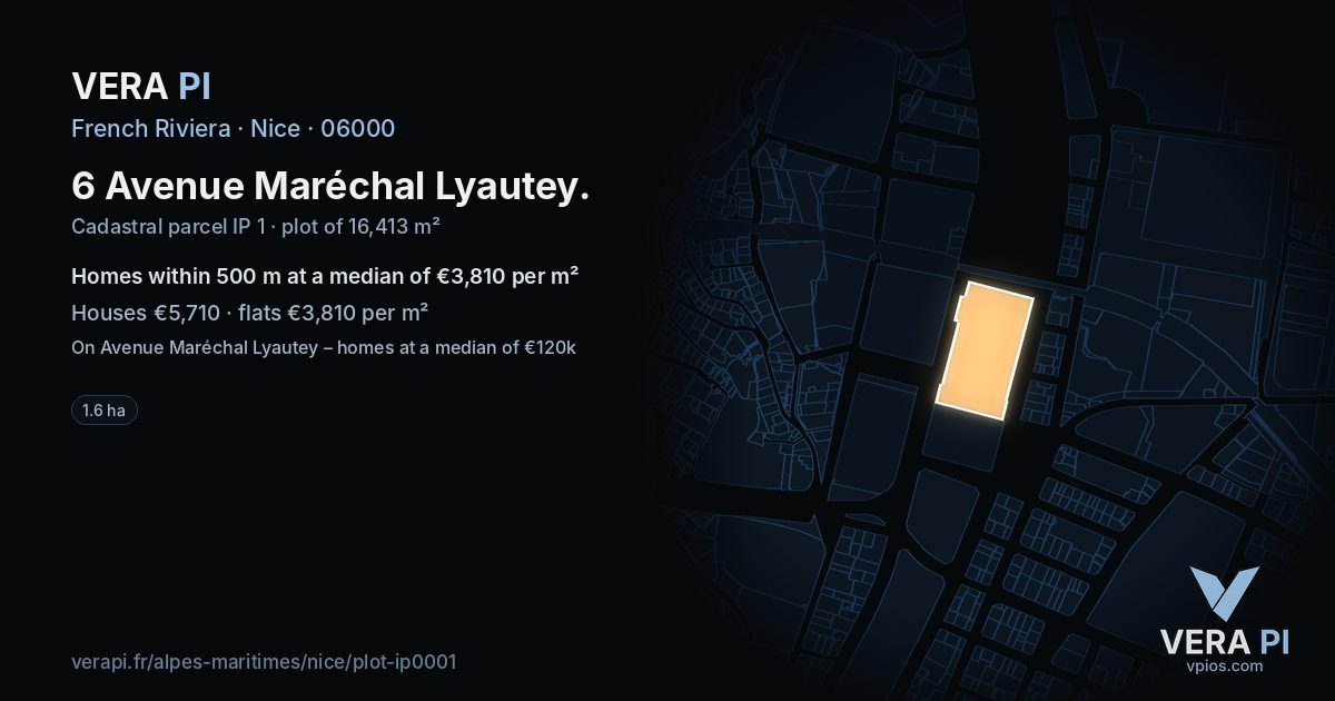 6 Avenue Maréchal Lyautey, Nice at night – the plot lit, the parcels around coloured by the prices near them