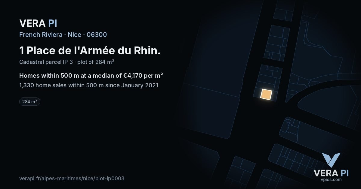 1 Place de l'Armée du Rhin, Nice at night – the plot lit, the parcels around coloured by the prices near them