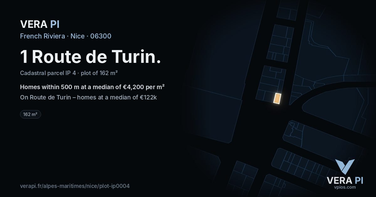 1 Route de Turin, Nice at night – the plot lit, the parcels around coloured by the prices near them