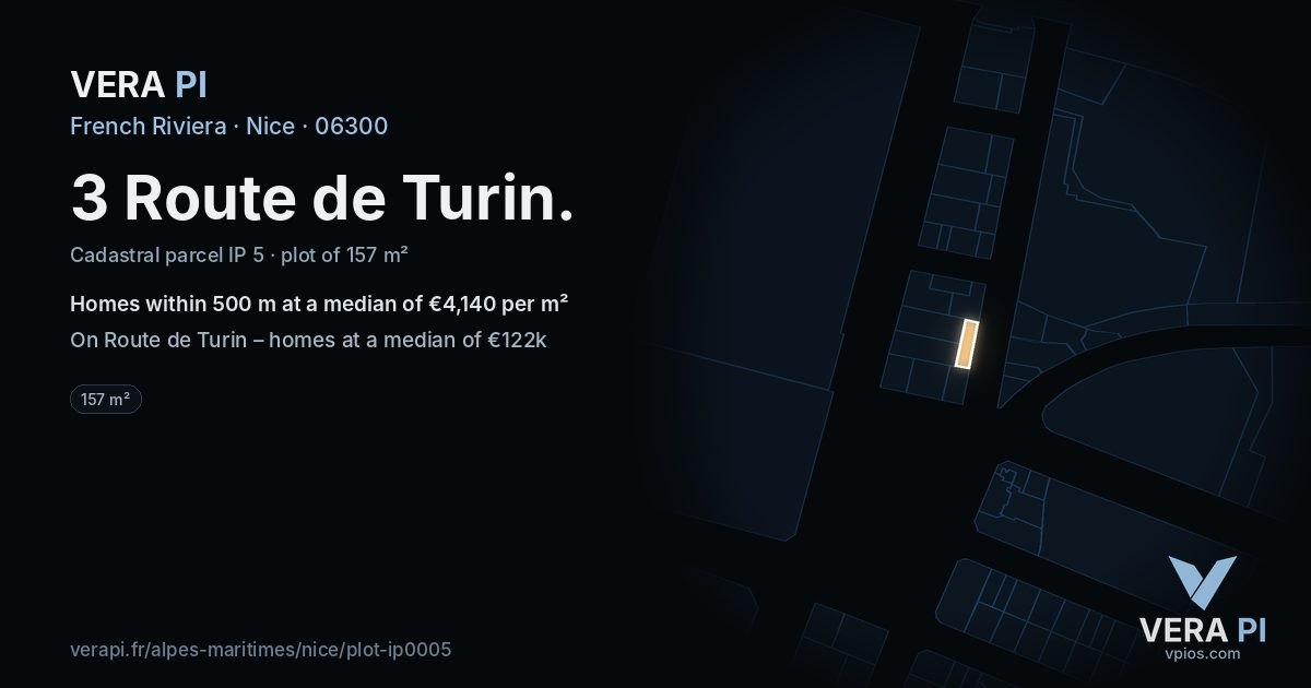 3 Route de Turin, Nice at night – the plot lit, the parcels around coloured by the prices near them