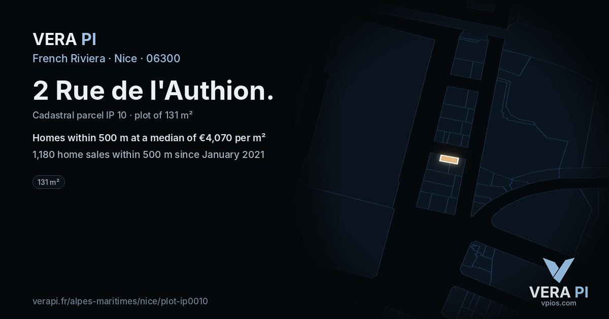 2 Rue de l'Authion, Nice at night – the plot lit, the parcels around coloured by the prices near them