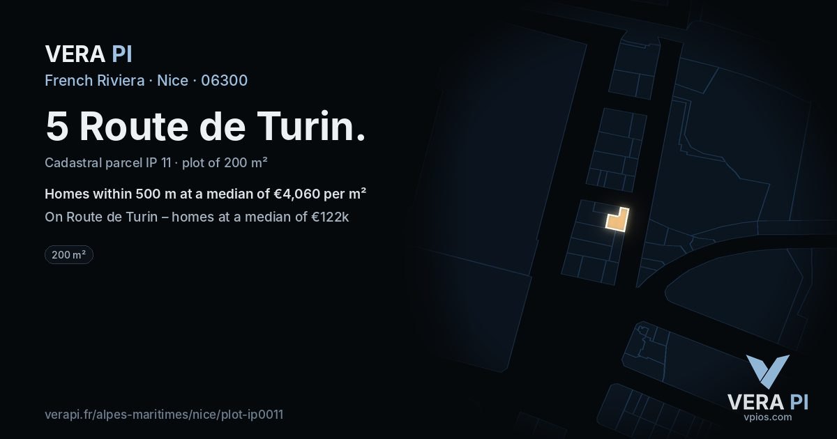 5 Route de Turin, Nice at night – the plot lit, the parcels around coloured by the prices near them