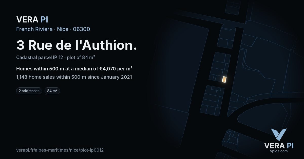 3 Rue de l'Authion, Nice at night – the plot lit, the parcels around coloured by the prices near them