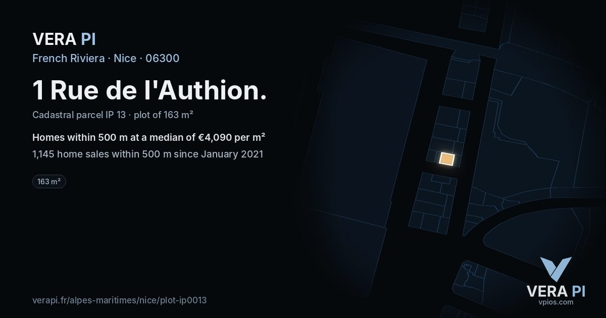 1 Rue de l'Authion, Nice at night – the plot lit, the parcels around coloured by the prices near them
