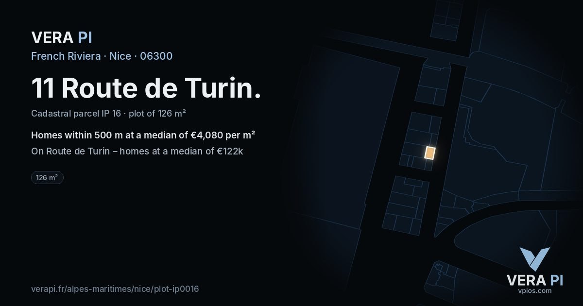 11 Route de Turin, Nice at night – the plot lit, the parcels around coloured by the prices near them