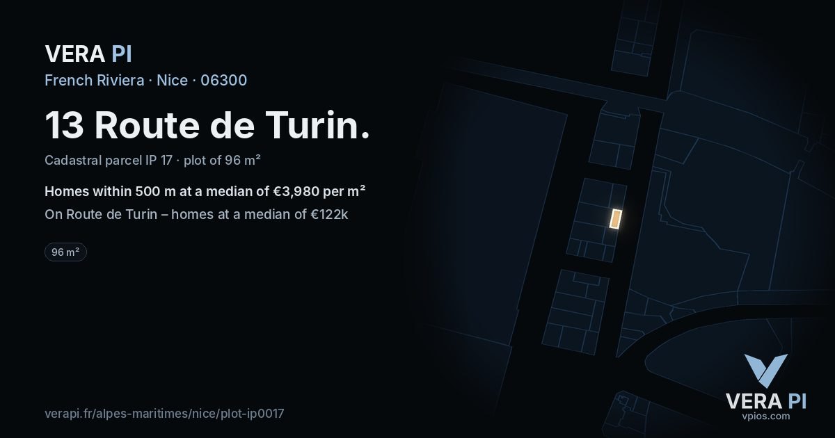 13 Route de Turin, Nice at night – the plot lit, the parcels around coloured by the prices near them