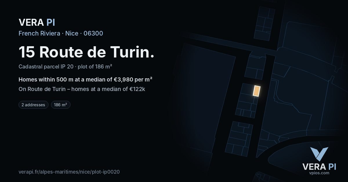 15 Route de Turin, Nice at night – the plot lit, the parcels around coloured by the prices near them