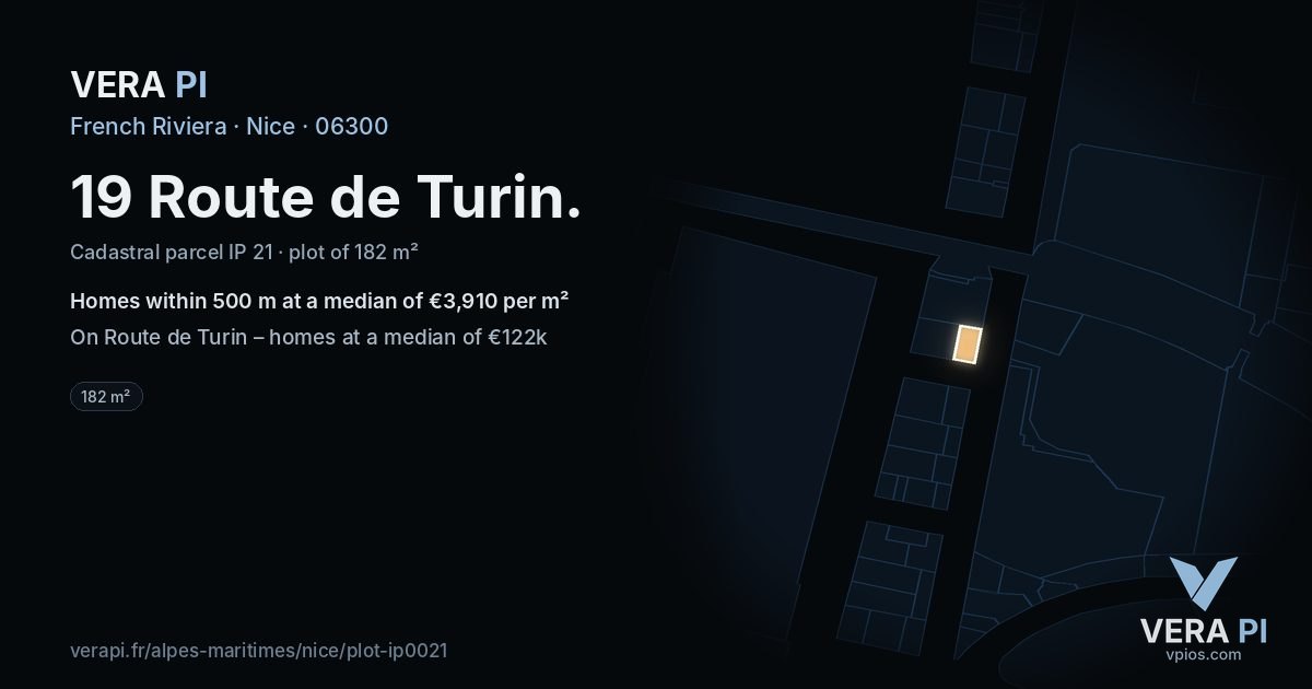 19 Route de Turin, Nice at night – the plot lit, the parcels around coloured by the prices near them