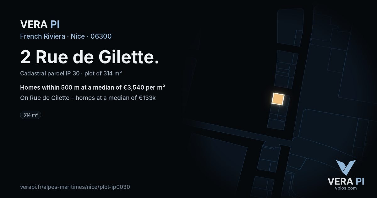 2 Rue de Gilette, Nice at night – the plot lit, the parcels around coloured by the prices near them