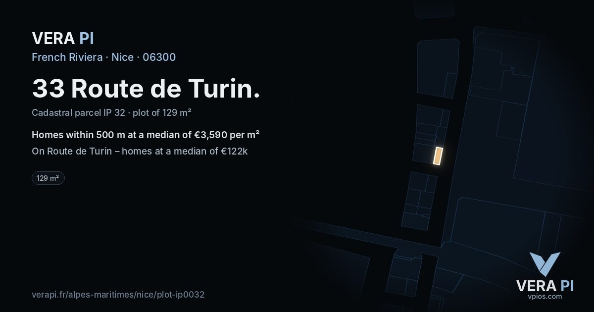 33 Route de Turin, Nice at night – the plot lit, the parcels around coloured by the prices near them