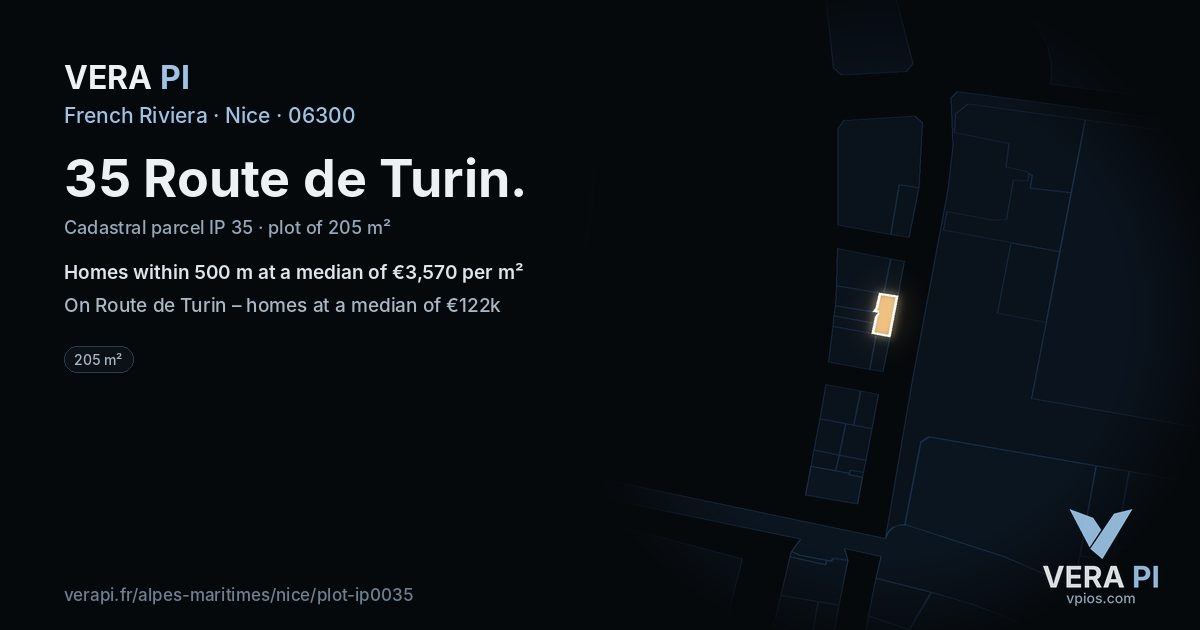 35 Route de Turin, Nice at night – the plot lit, the parcels around coloured by the prices near them
