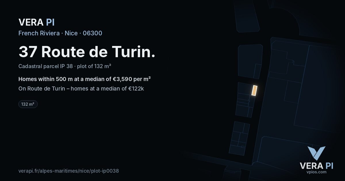 37 Route de Turin, Nice at night – the plot lit, the parcels around coloured by the prices near them