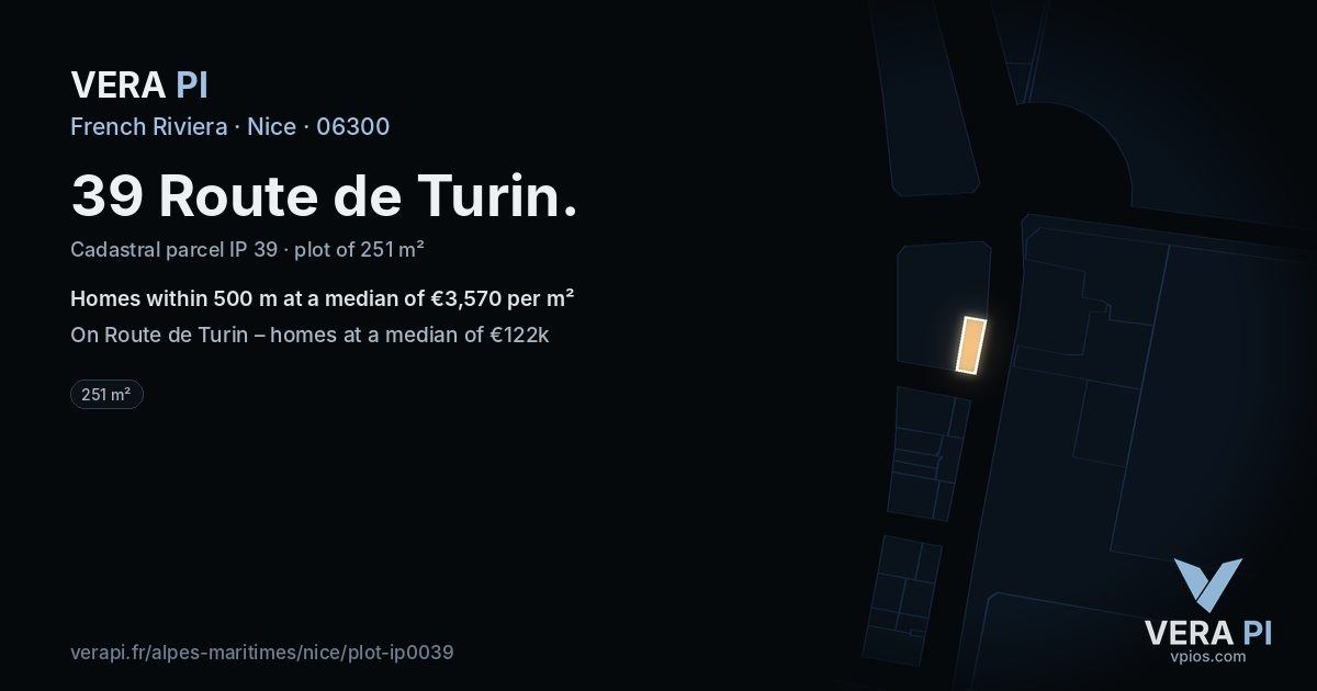 39 Route de Turin, Nice at night – the plot lit, the parcels around coloured by the prices near them