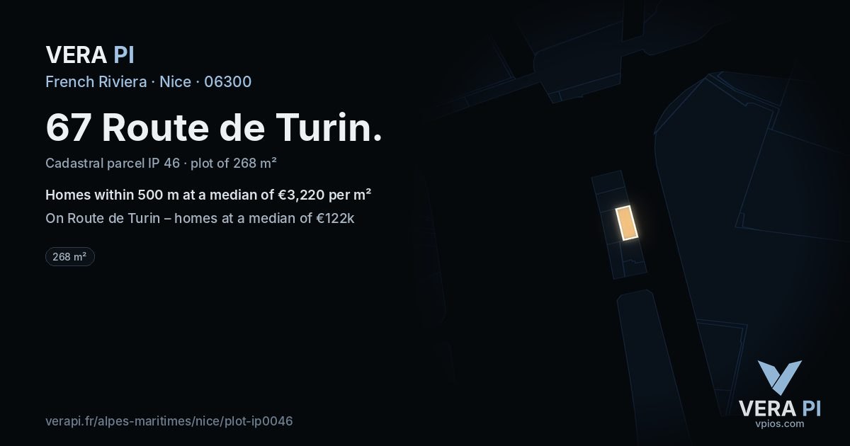 67 Route de Turin, Nice at night – the plot lit, the parcels around coloured by the prices near them
