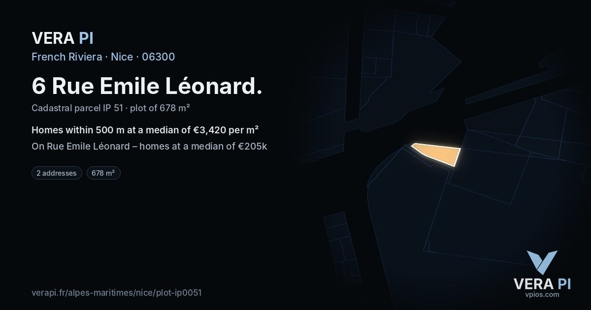6 Rue Emile Léonard, Nice at night – the plot lit, the parcels around coloured by the prices near them