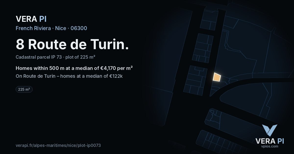 8 Route de Turin, Nice at night – the plot lit, the parcels around coloured by the prices near them