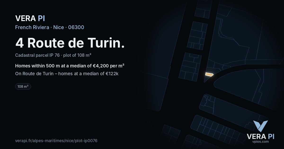 4 Route de Turin, Nice at night – the plot lit, the parcels around coloured by the prices near them