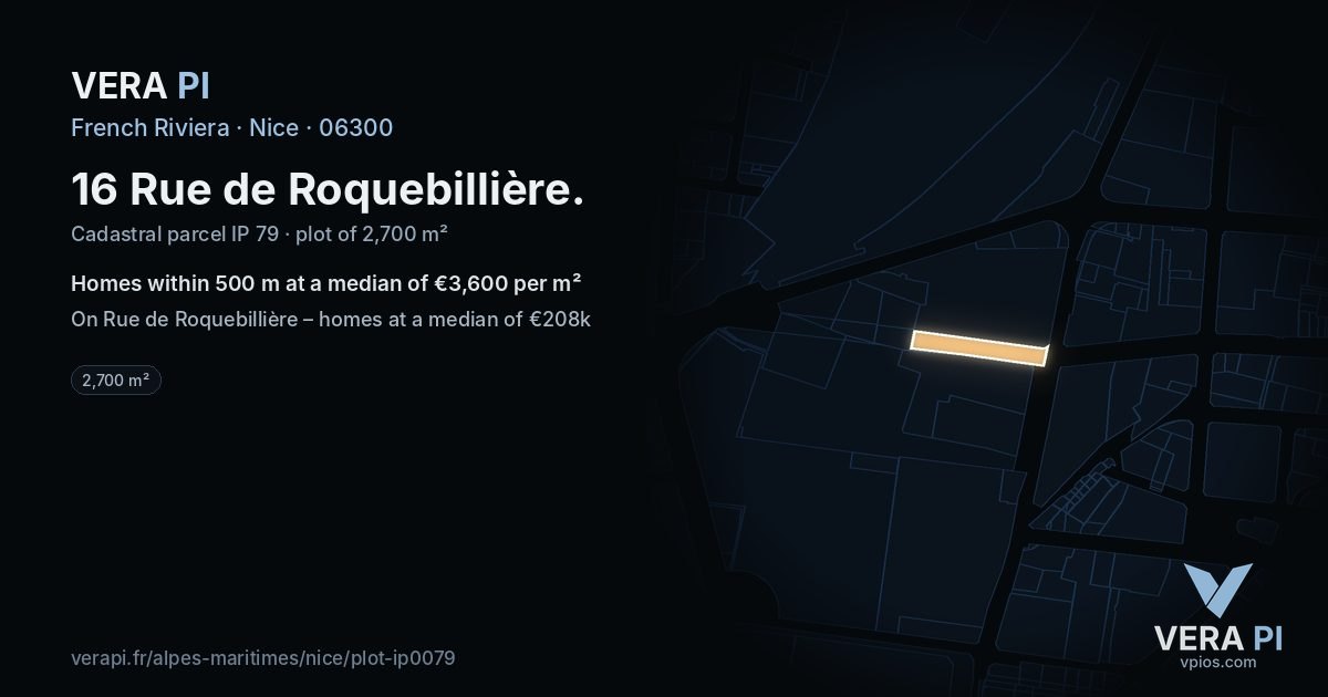 16 Rue de Roquebillière, Nice at night – the plot lit, the parcels around coloured by the prices near them