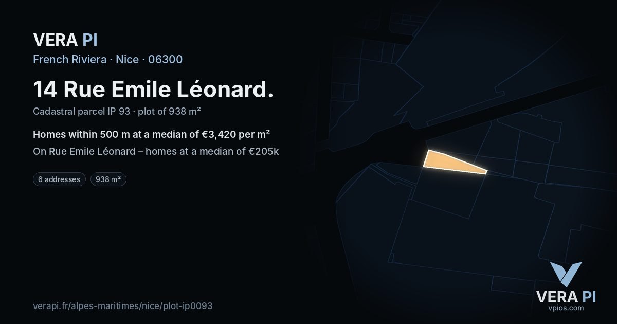 14 Rue Emile Léonard, Nice at night – the plot lit, the parcels around coloured by the prices near them
