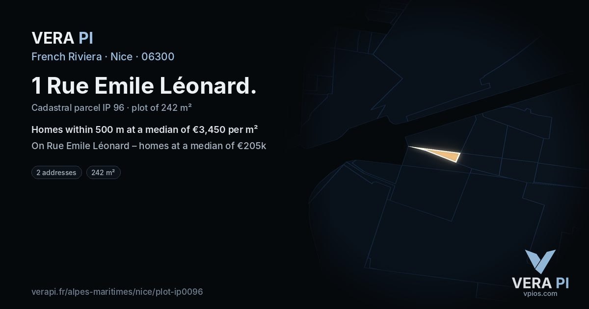 1 Rue Emile Léonard, Nice at night – the plot lit, the parcels around coloured by the prices near them