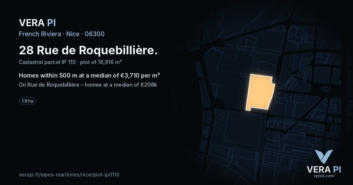 28 Rue de Roquebillière, Nice at night – the plot lit, the parcels around coloured by the prices near them