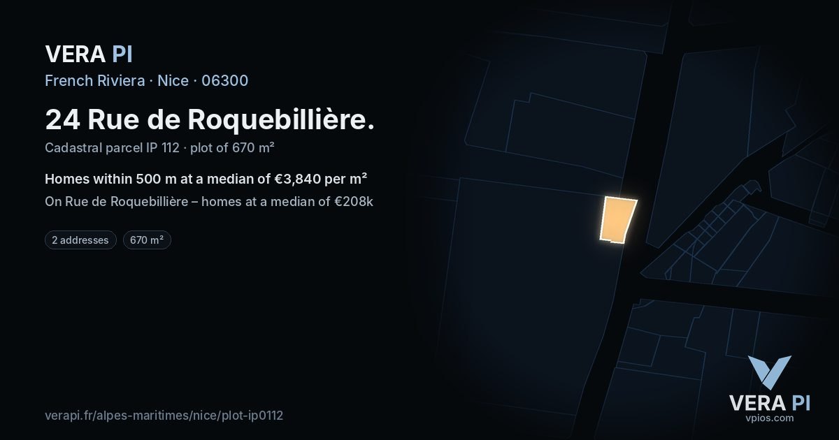 24 Rue de Roquebillière, Nice at night – the plot lit, the parcels around coloured by the prices near them