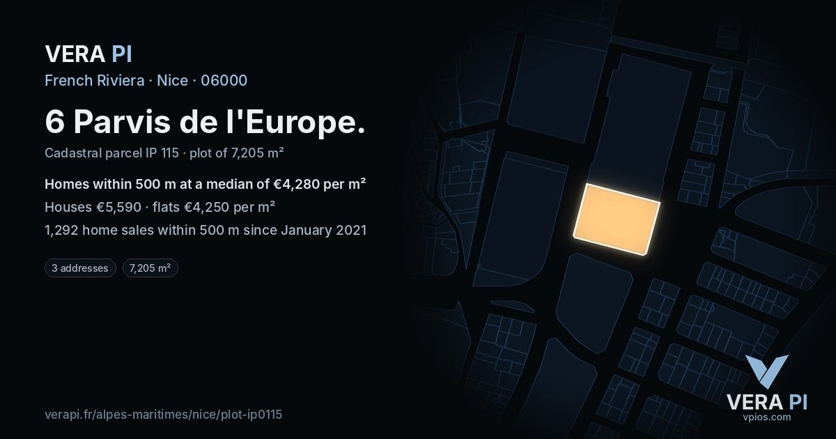 6 Parvis de l'Europe, Nice at night – the plot lit, the parcels around coloured by the prices near them