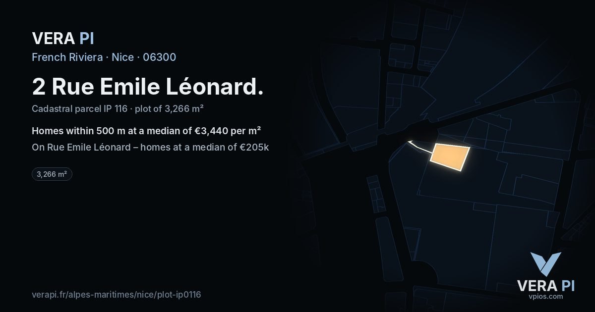 2 Rue Emile Léonard, Nice at night – the plot lit, the parcels around coloured by the prices near them