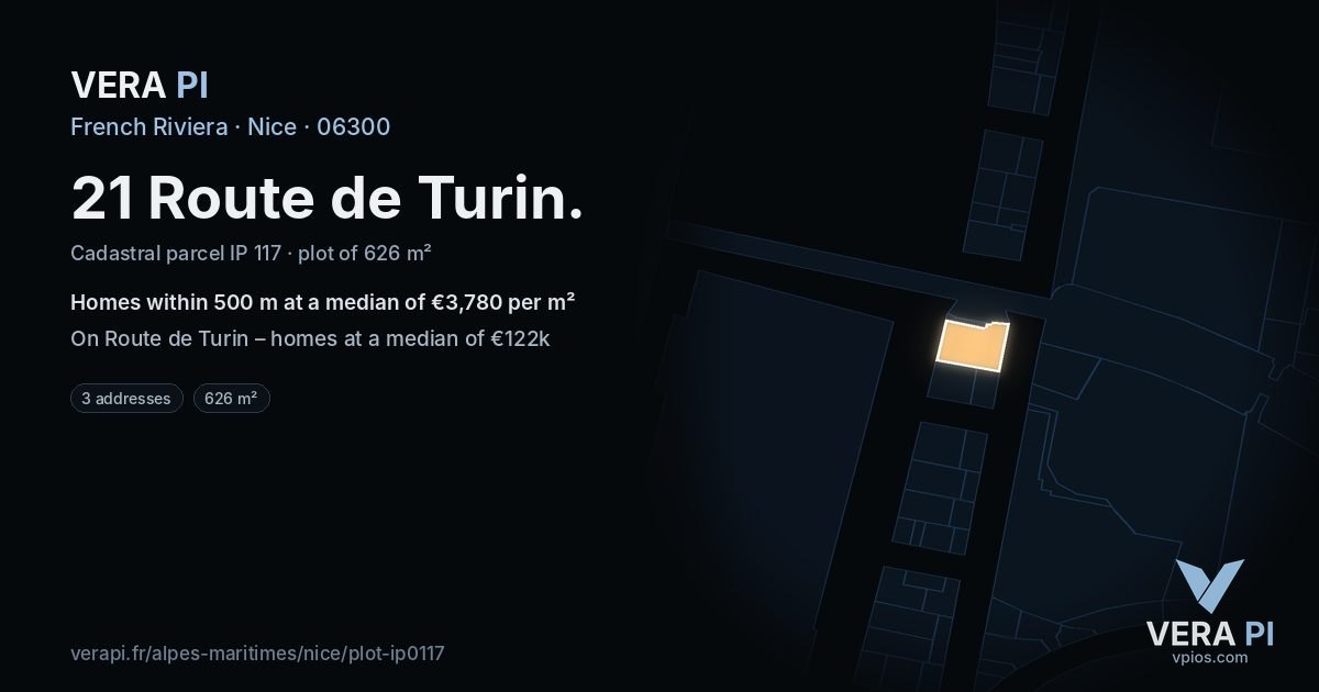 21 Route de Turin, Nice at night – the plot lit, the parcels around coloured by the prices near them