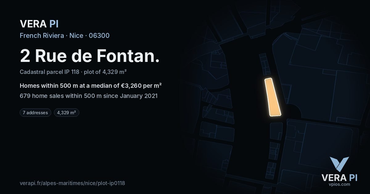 2 Rue de Fontan, Nice at night – the plot lit, the parcels around coloured by the prices near them