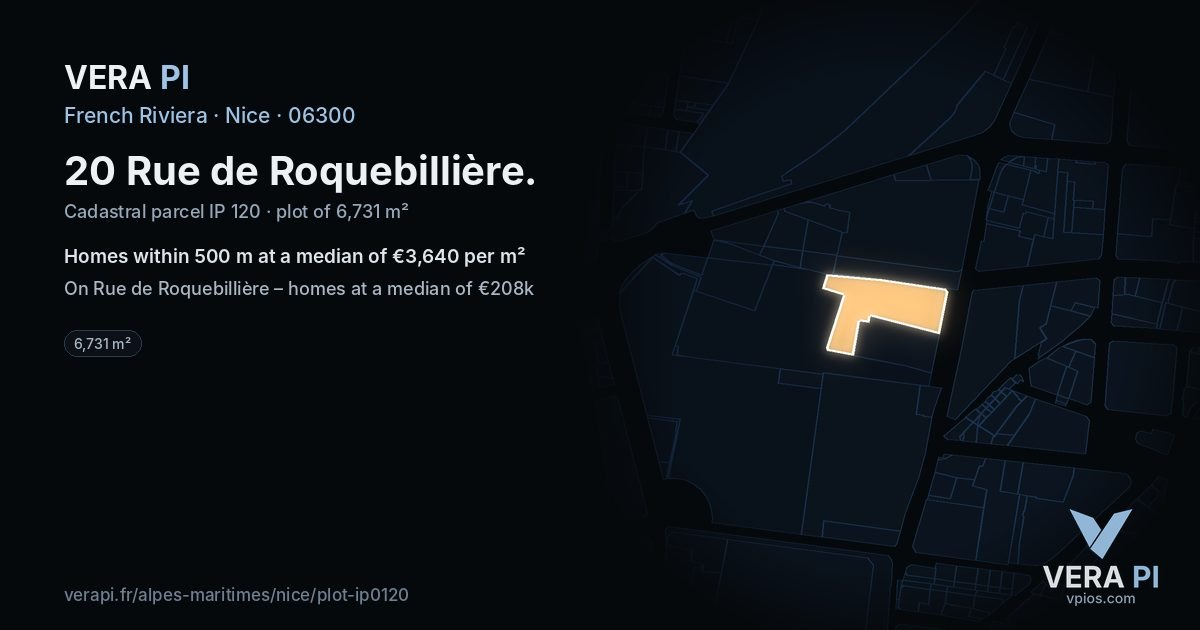 20 Rue de Roquebillière, Nice at night – the plot lit, the parcels around coloured by the prices near them