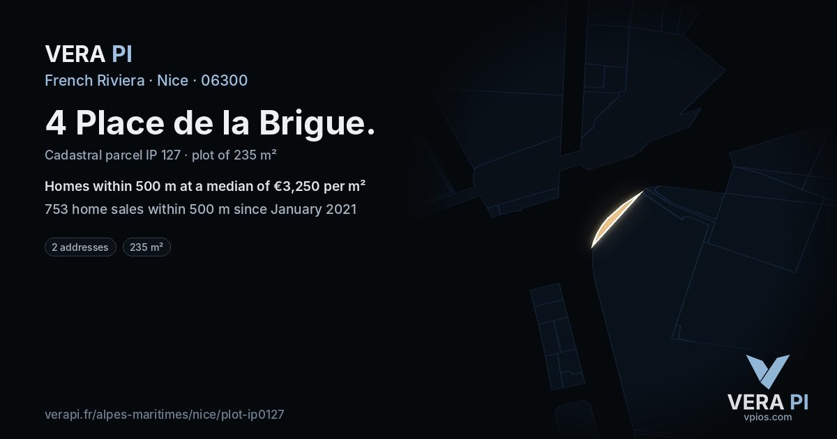 4 Place de la Brigue, Nice at night – the plot lit, the parcels around coloured by the prices near them