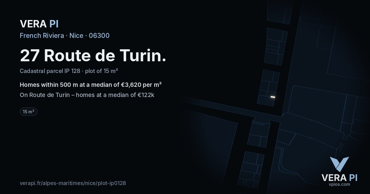27 Route de Turin, Nice at night – the plot lit, the parcels around coloured by the prices near them