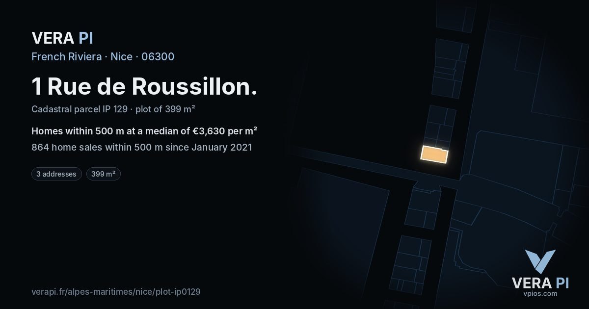 1 Rue de Roussillon, Nice at night – the plot lit, the parcels around coloured by the prices near them