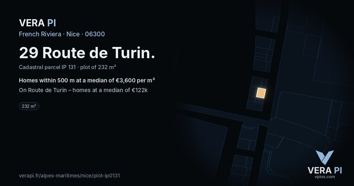29 Route de Turin, Nice at night – the plot lit, the parcels around coloured by the prices near them