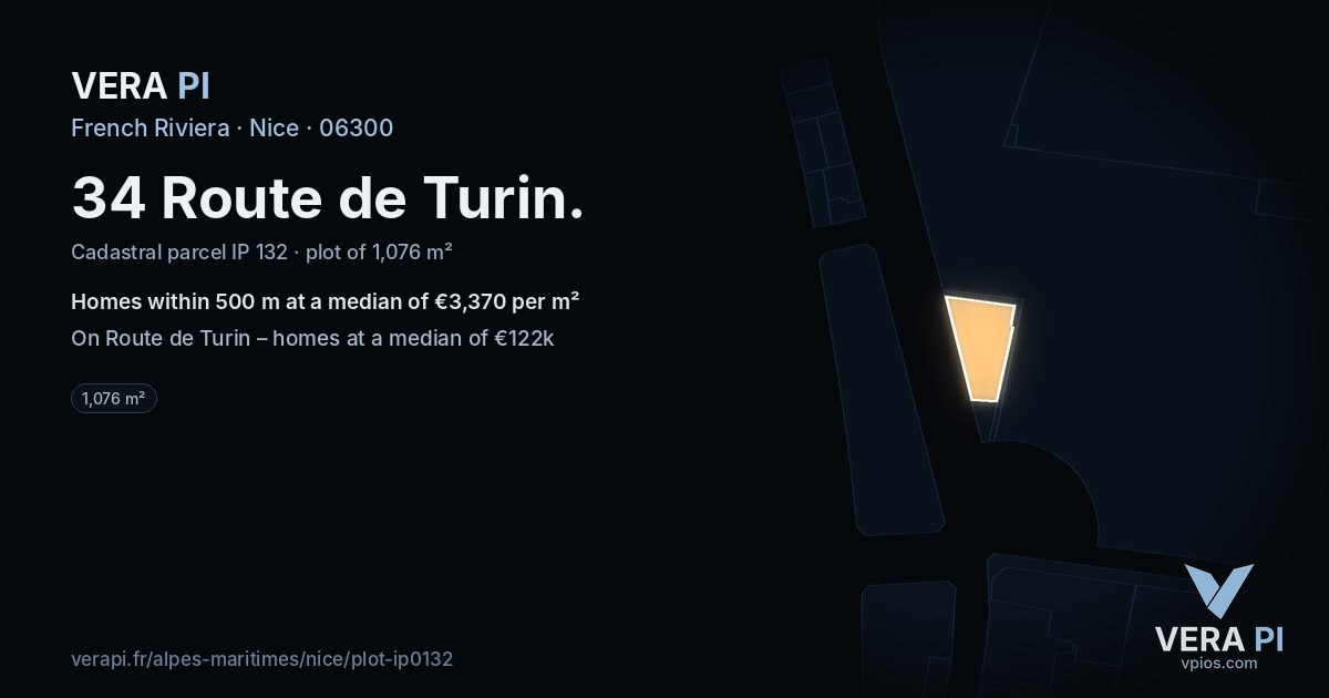 34 Route de Turin, Nice at night – the plot lit, the parcels around coloured by the prices near them