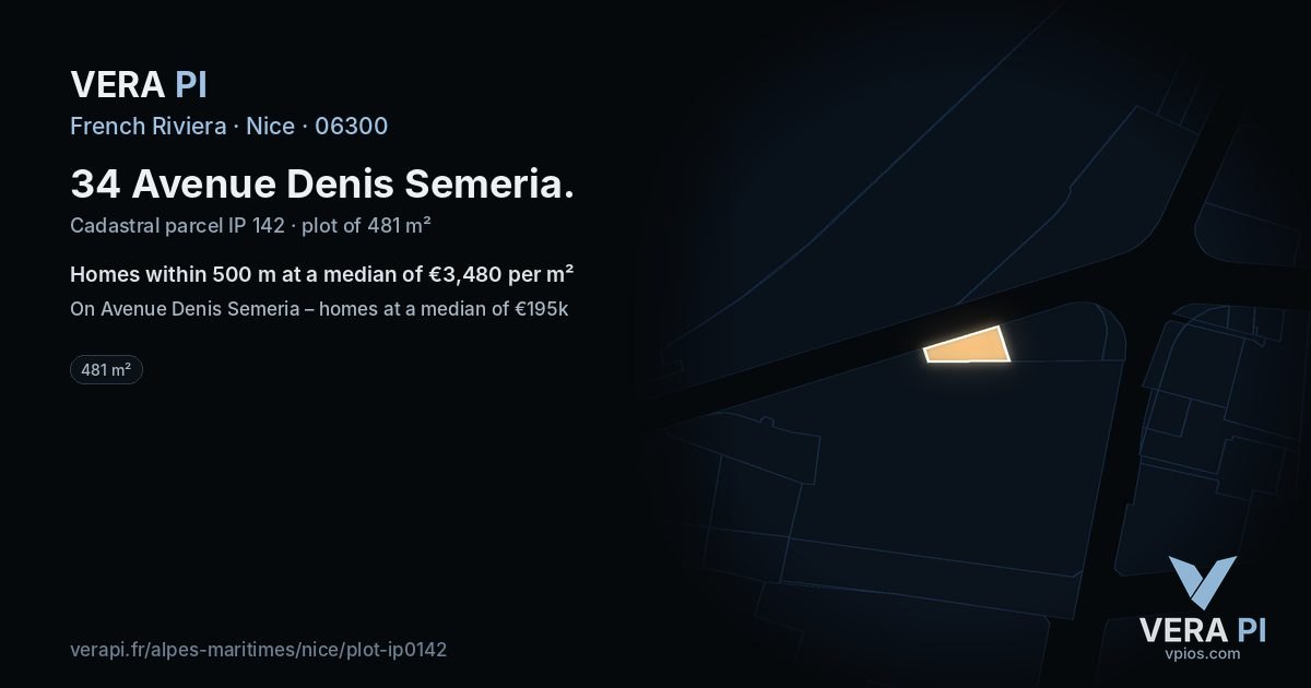 34 Avenue Denis Semeria, Nice at night – the plot lit, the parcels around coloured by the prices near them