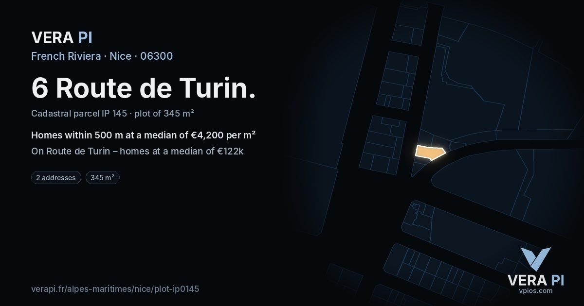 6 Route de Turin, Nice at night – the plot lit, the parcels around coloured by the prices near them