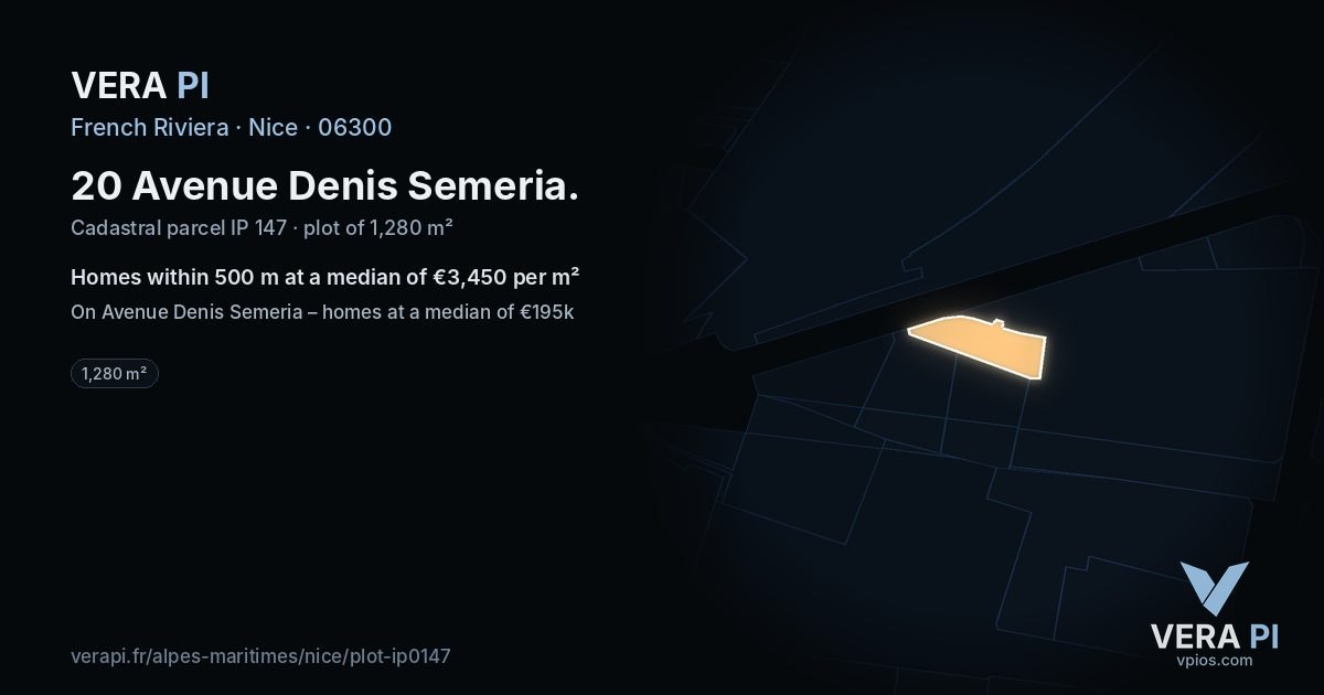 20 Avenue Denis Semeria, Nice at night – the plot lit, the parcels around coloured by the prices near them