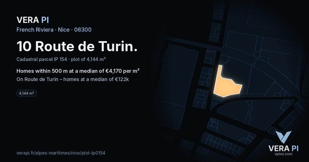 10 Route de Turin, Nice at night – the plot lit, the parcels around coloured by the prices near them