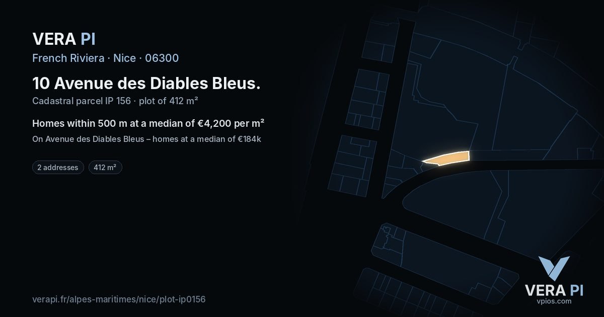 10 Avenue des Diables Bleus, Nice at night – the plot lit, the parcels around coloured by the prices near them