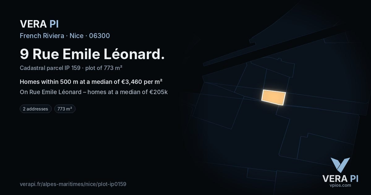 9 Rue Emile Léonard, Nice at night – the plot lit, the parcels around coloured by the prices near them