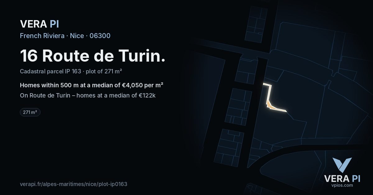16 Route de Turin, Nice at night – the plot lit, the parcels around coloured by the prices near them